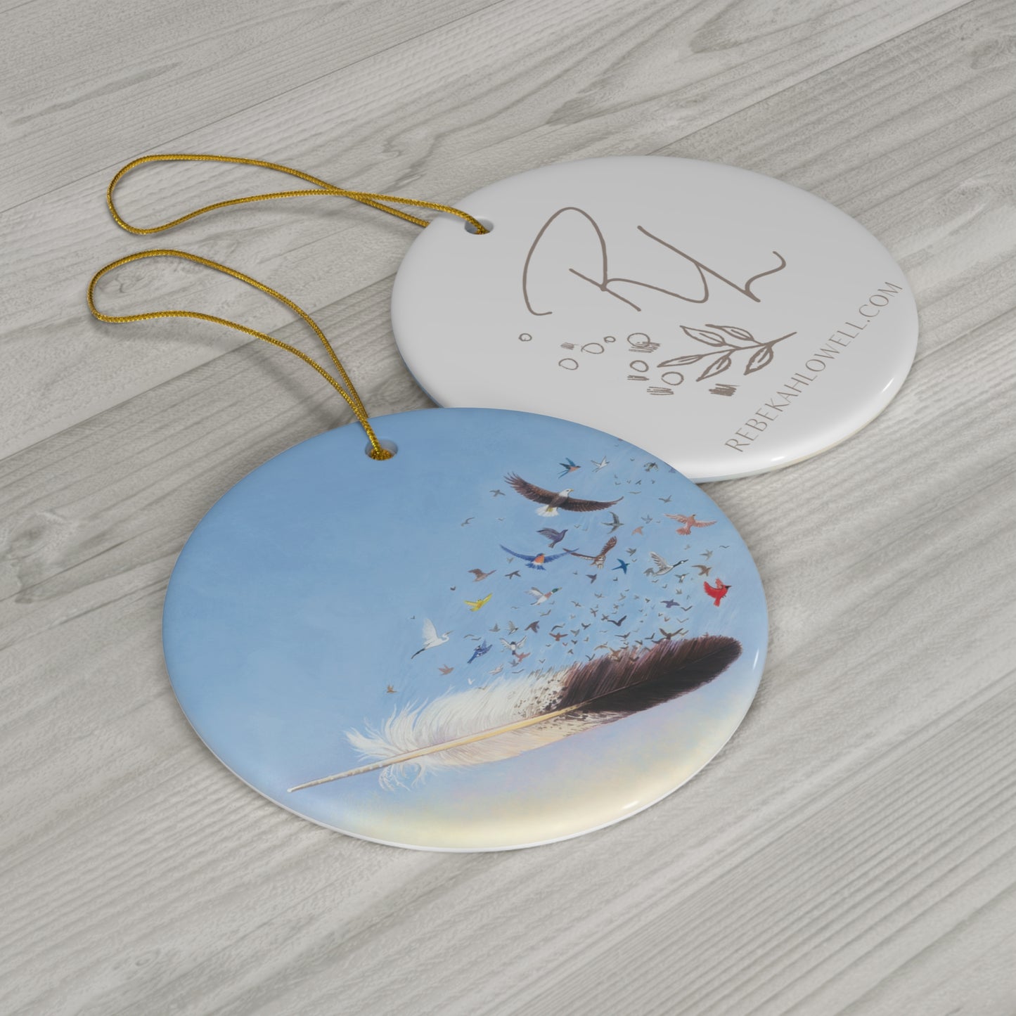 Eagle Feather with Birds Ornament, ceramic