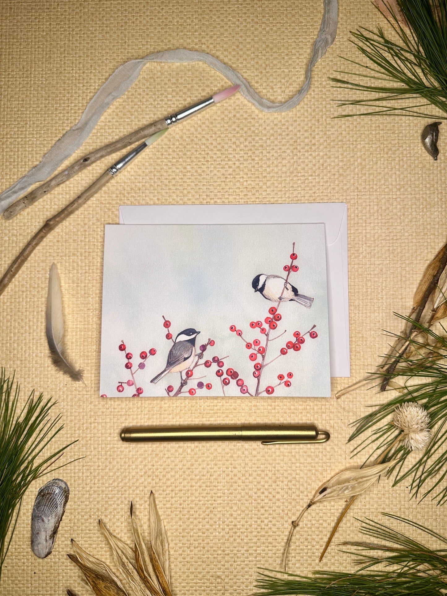 Chickadees and Winterberry Blank Notecard