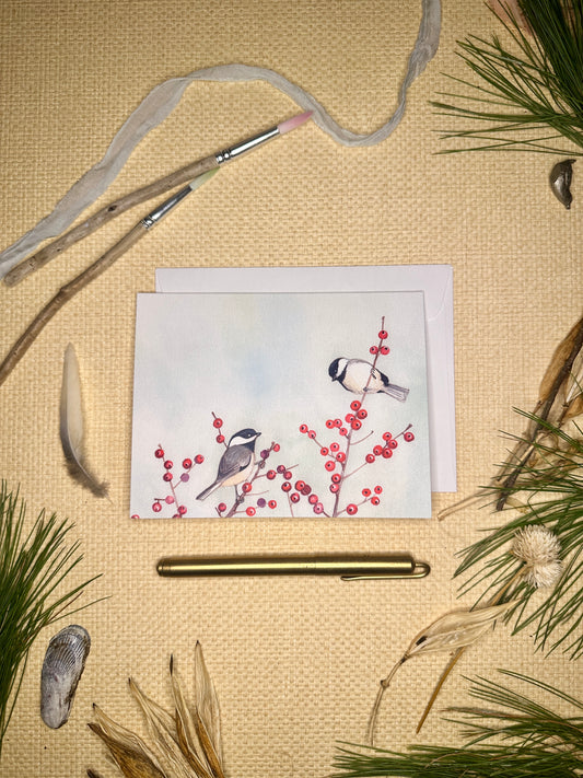 Chickadees and Winterberry Blank Notecard