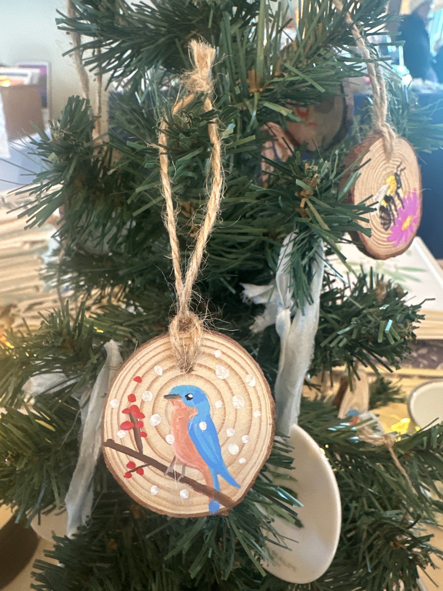 Hand painted Eastern Bluebird Wood Slice Ornament