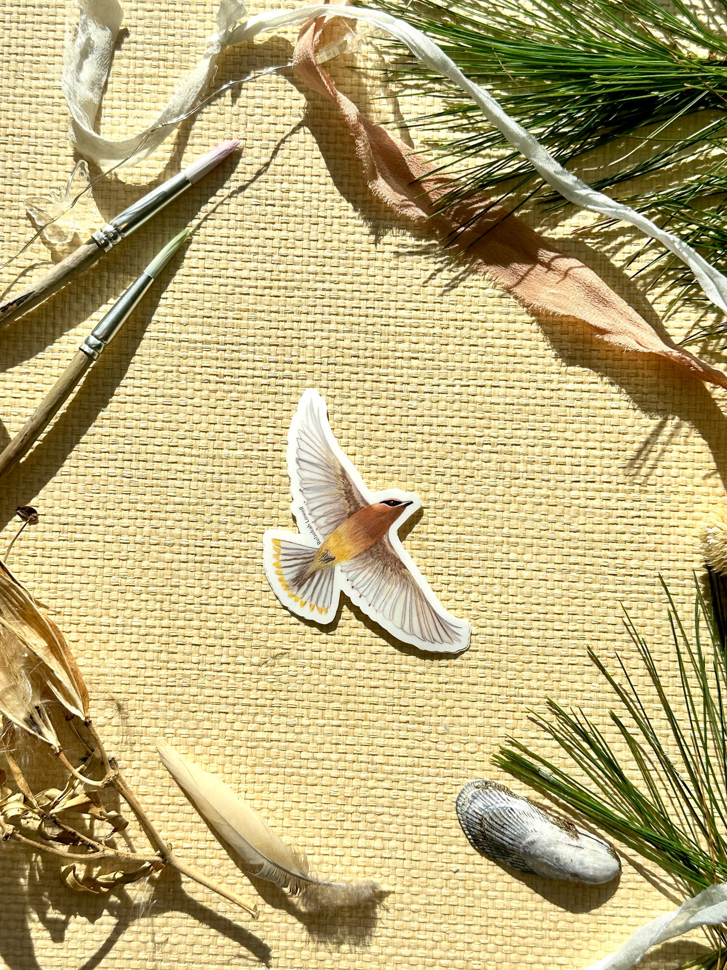 Cedar Waxwing in Flight Vinyl Decal Bumper Sticker