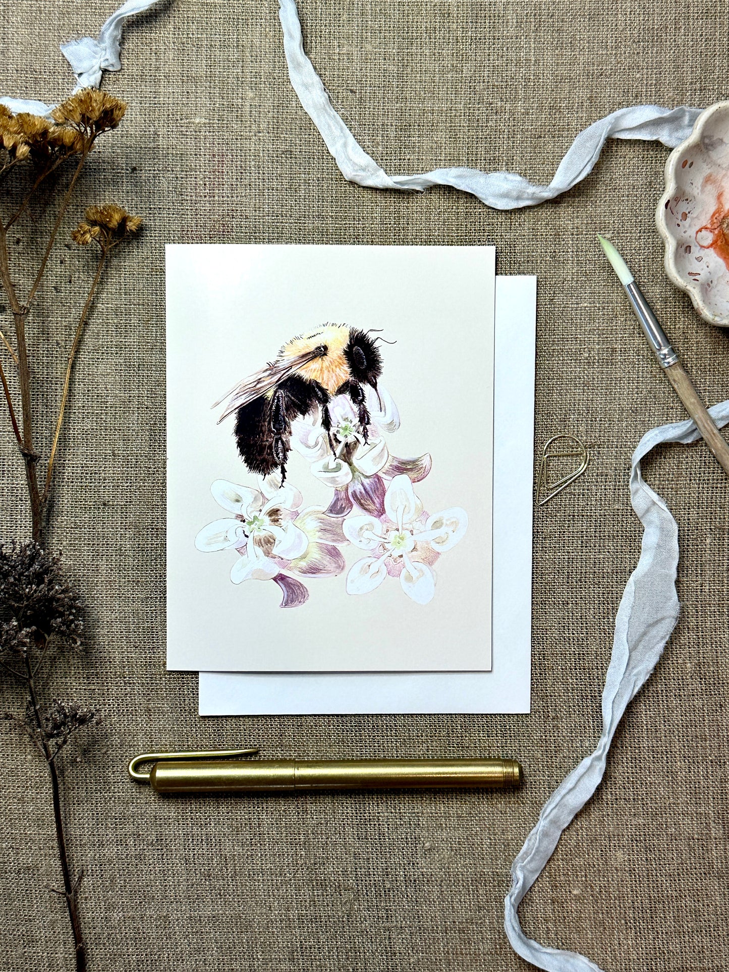Bumblebee on Milkweed Natural Science Illustration Blank Notecard