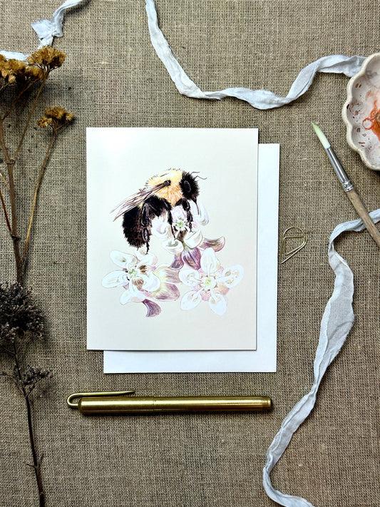 Bumblebee on Milkweed Natural Science Illustration Blank Notecard