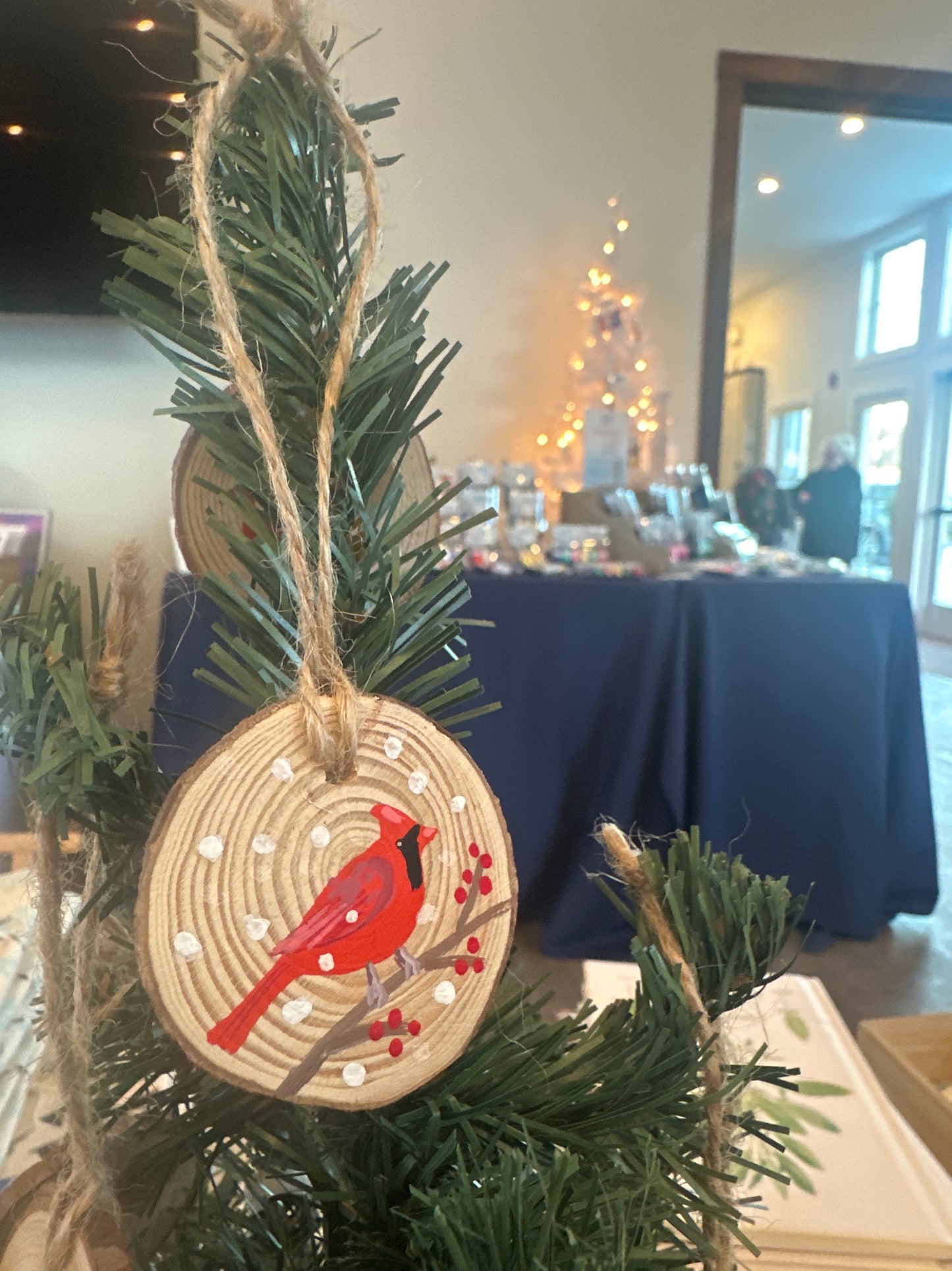 Hand painted Northern Cardinal in Snow Wood Slice Ornament