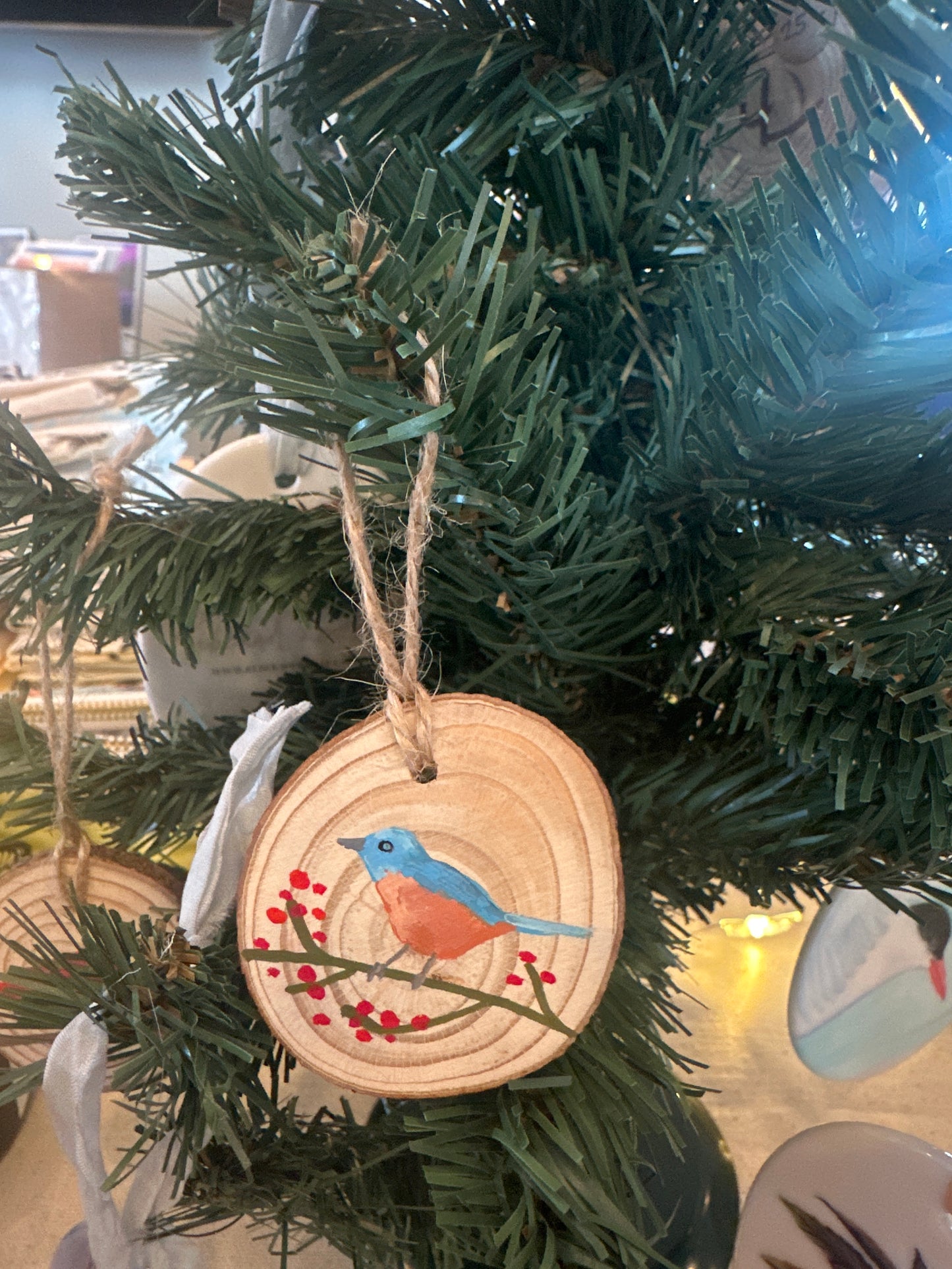 Hand painted Eastern Bluebird Wood Slice Ornament