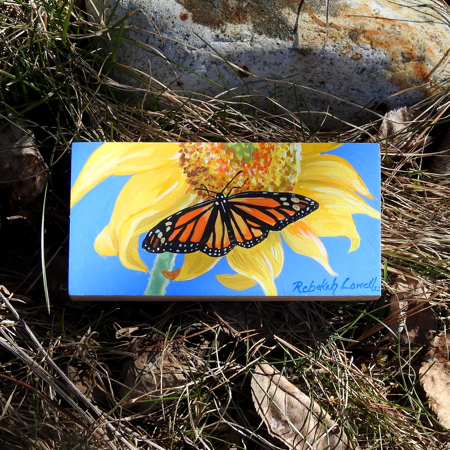 Mini Monarch Collection: Sipping on Sunflowers #3 Original AcrylaGouache Painting by Rebekah Lowell