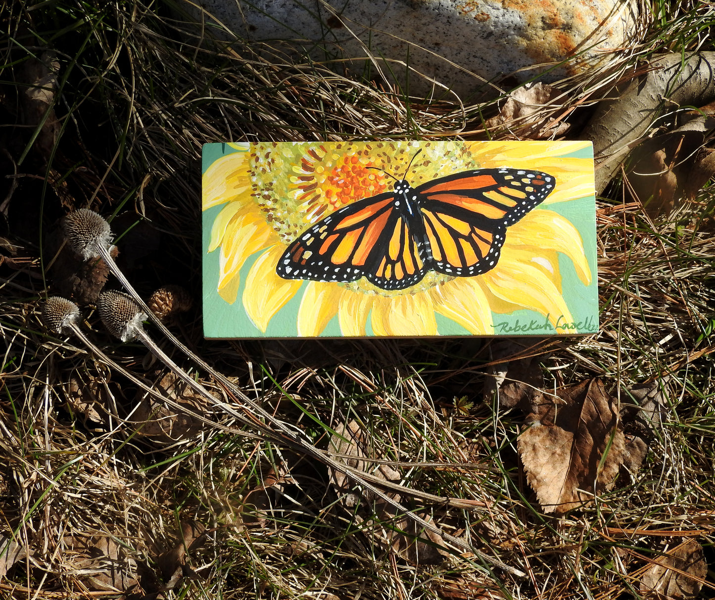 Mini Monarch Collection: Sipping on Sunflowers #4 Original AcrylaGouache Painting by Rebekah Lowell