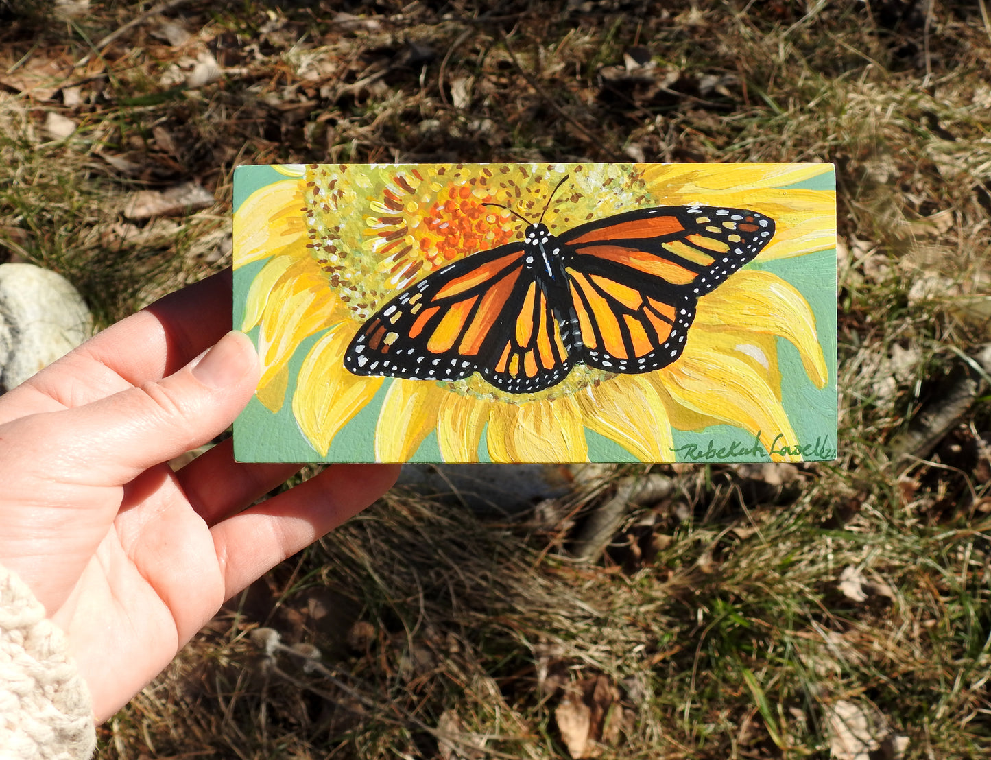 Mini Monarch Collection: Sipping on Sunflowers #4 Original AcrylaGouache Painting by Rebekah Lowell