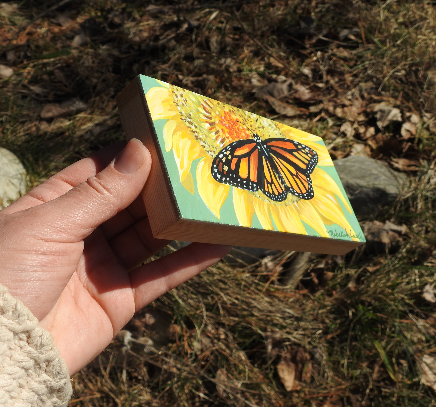 Mini Monarch Collection: Sipping on Sunflowers #4 Original AcrylaGouache Painting by Rebekah Lowell