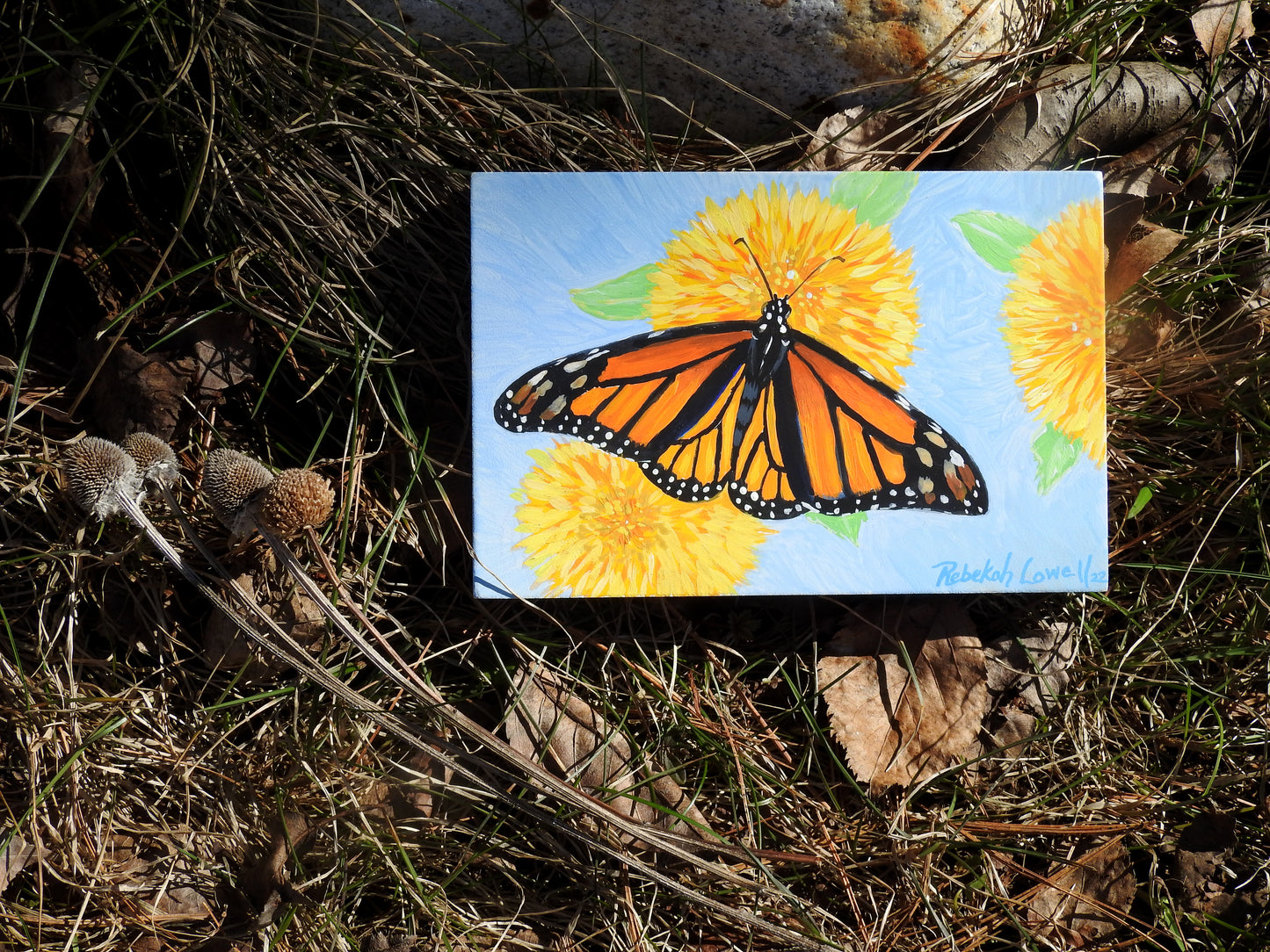 Mini Monarch Collection: Sipping on Sunflowers #5 Original AcrylaGouache Painting by Rebekah Lowell