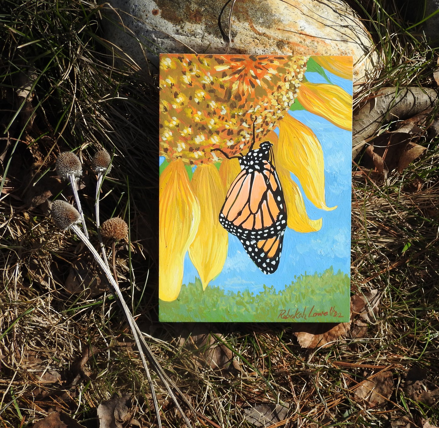 Mini Monarch Collection: Sipping on Sunflowers #6 Original AcrylaGouache Painting by Rebekah Lowell