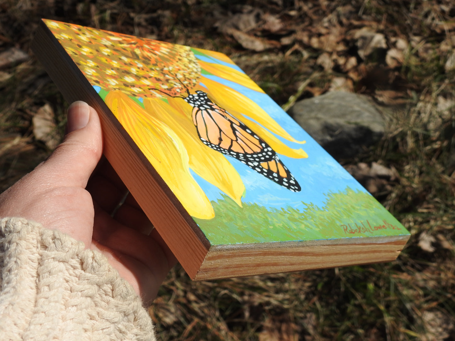 Mini Monarch Collection: Sipping on Sunflowers #6 Original AcrylaGouache Painting by Rebekah Lowell