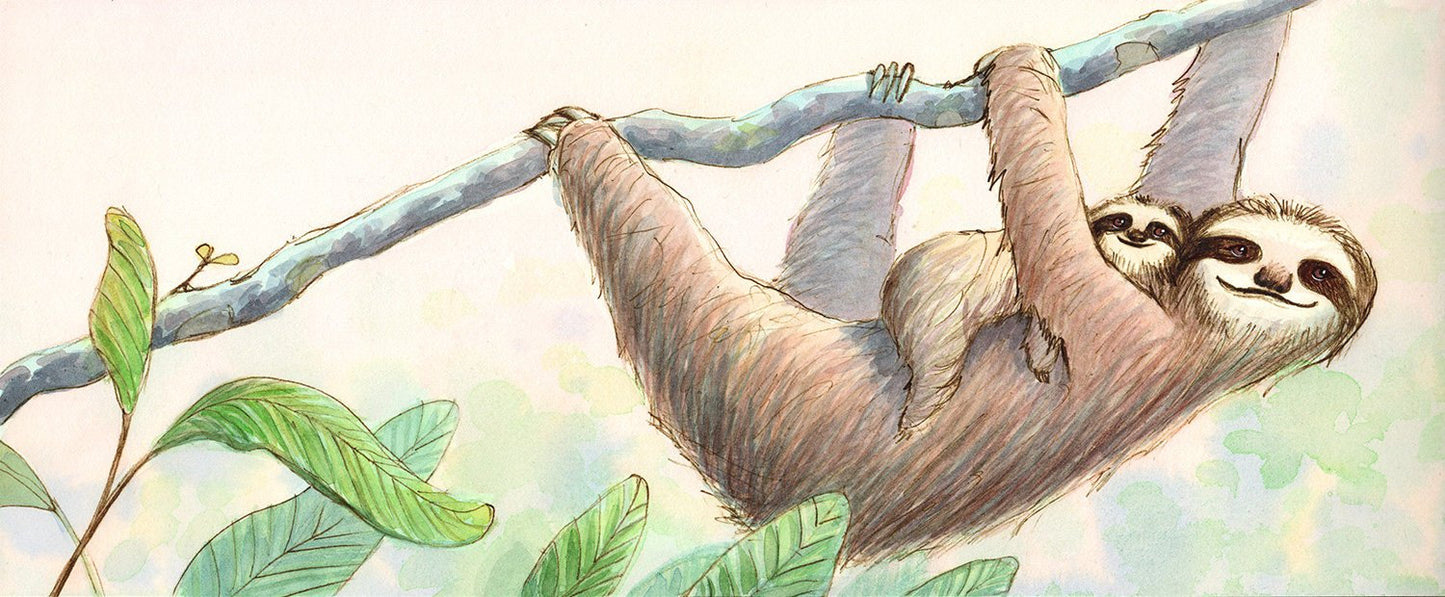 Sloth Mama and Baby Watercolor Painting Original Art "Laze in the Shade"