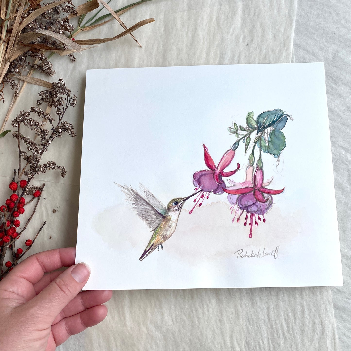 Ruby-throated Hummingbird Watercolor Painting