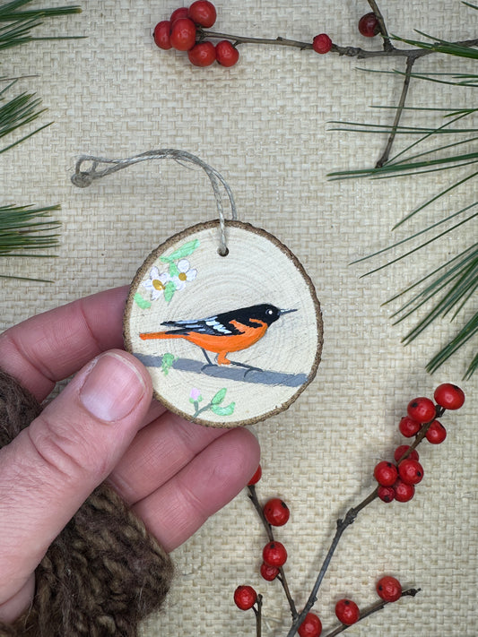 Hand-painted Wood Slice Ornament, Baltimore Oriole