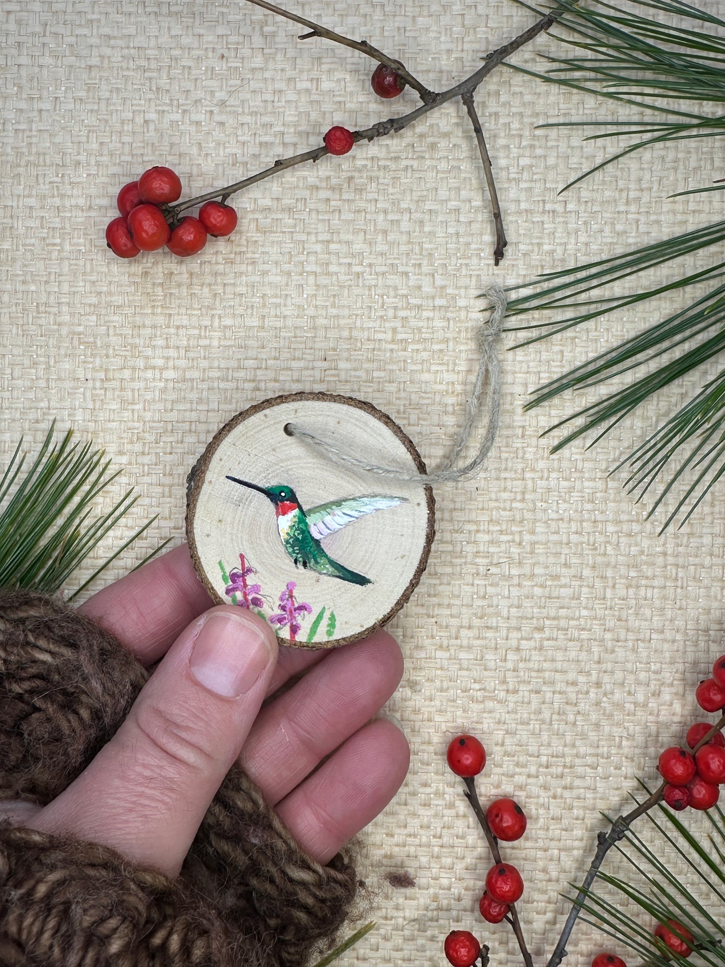 Hand-painted Wood Slice Ornament, Ruby-throated Hummingbird