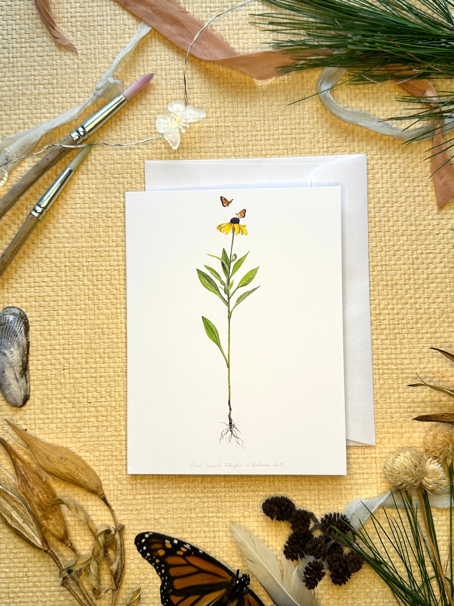 Rudbeckia (whole plant) & Pearl Crescent Butterflies Botanical Blank Notecard