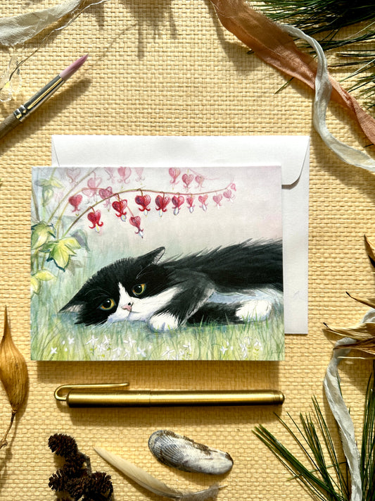 Sad Tuxedo Cat Under Bleeding Hearts Blank Notecard