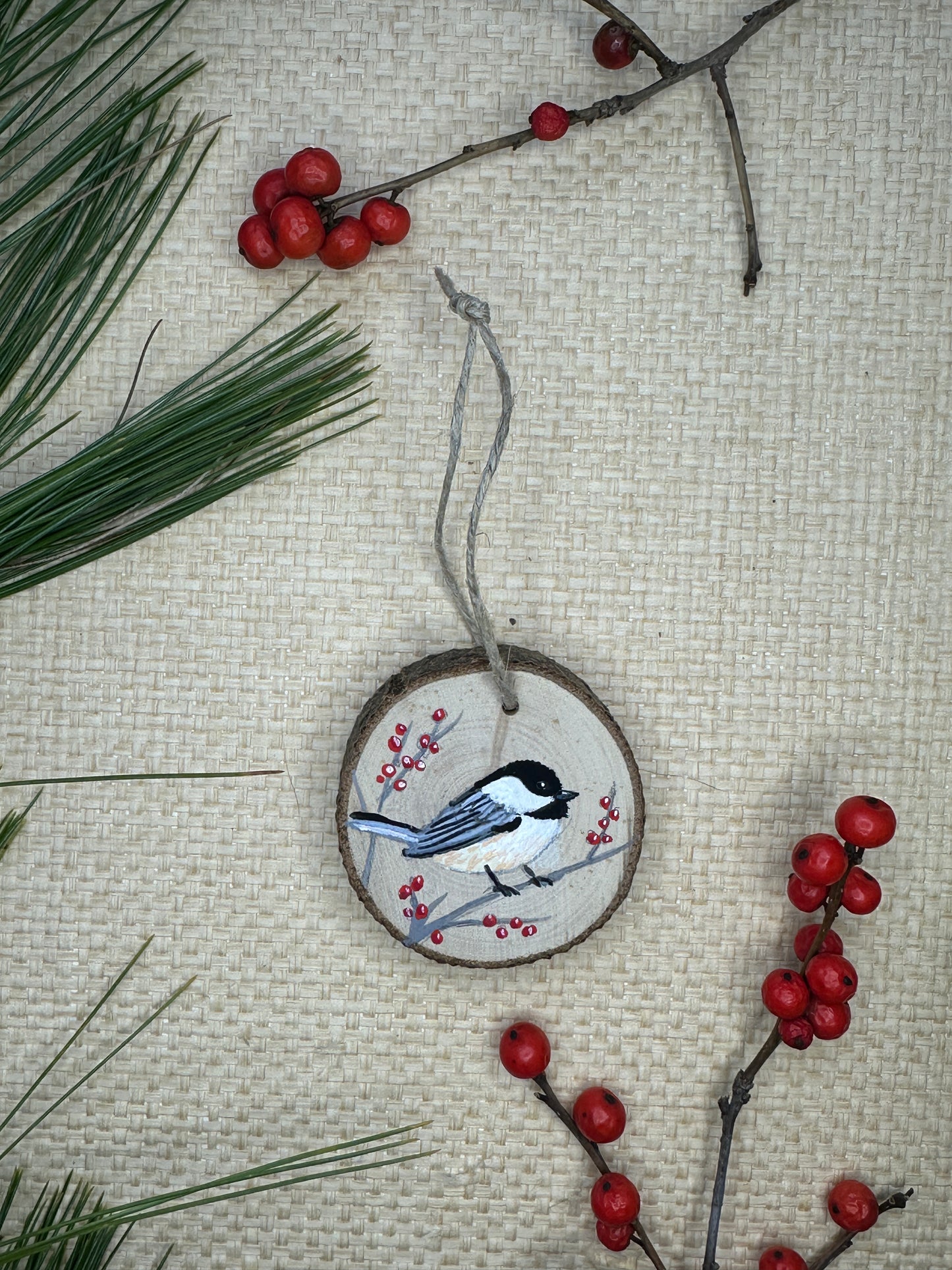 Hand-painted Wood Slice Ornament, Black-capped Chickadee