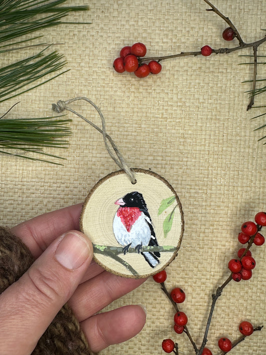 Hand-painted Wood Slice Ornament, Rose-breasted Grosbeak