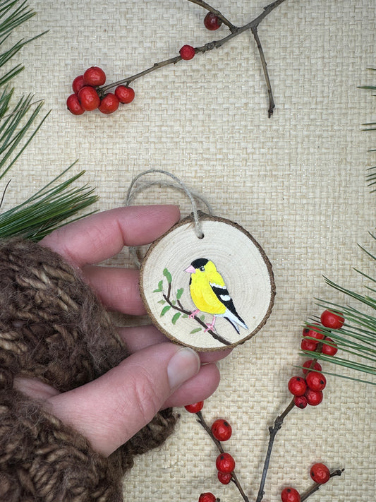 Hand-painted Wood Slice Ornament, American Goldfinch