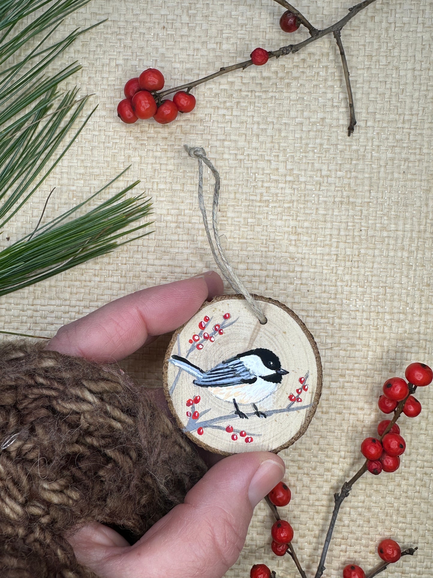 Hand-painted Wood Slice Ornament, Black-capped Chickadee