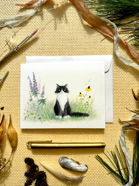 Tuxedo Cat in Garden Blank Notecard