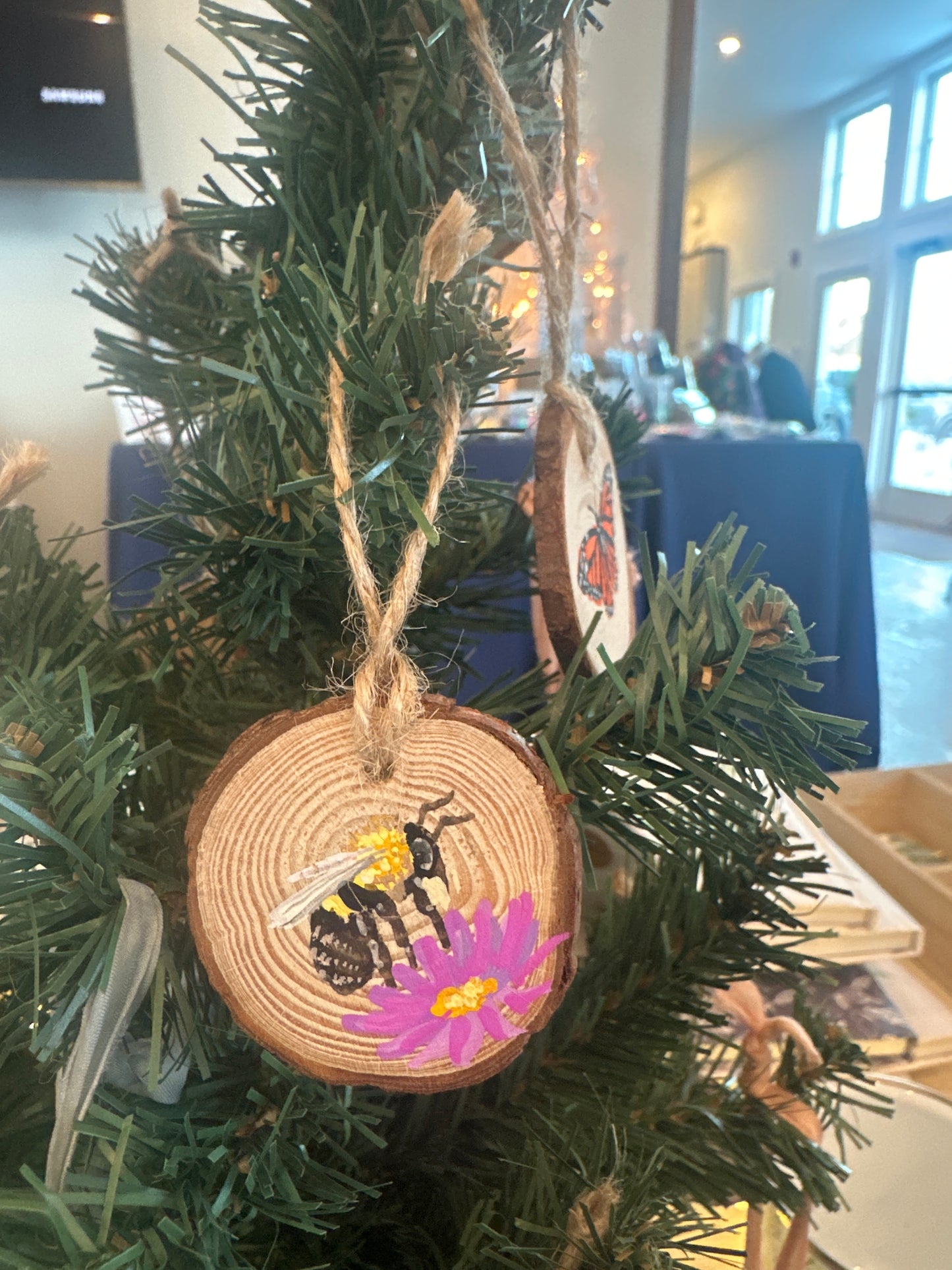 Hand painted Bumble Bee on New England Aster Wood Slice Ornament