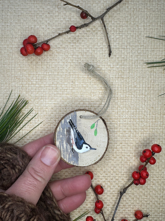 Hand-painted Wood Slice Ornament, White-breasted Nuthatch