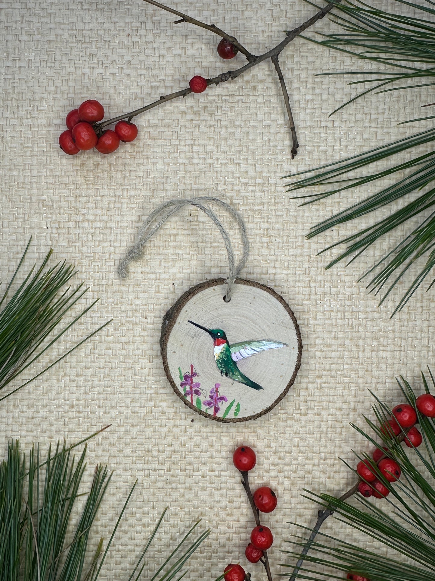 Hand-painted Wood Slice Ornament, Ruby-throated Hummingbird