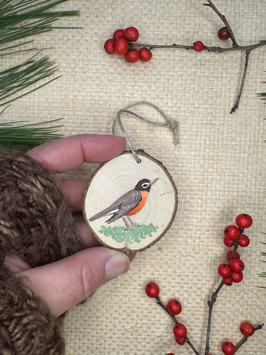 Hand-painted Wood Slice Ornament, American Robin