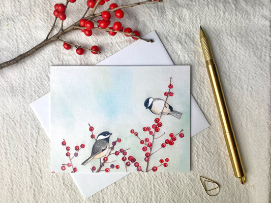 Chickadees and Winterberry Blank Notecard