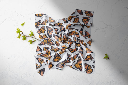 Charmeuse Square Scarf in "Emerge" Monarch Butterfly