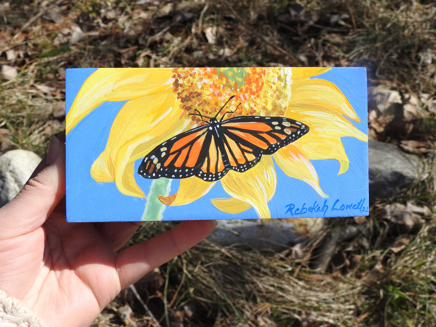 Mini Monarch Collection: Sipping on Sunflowers #3 Original AcrylaGouache Painting by Rebekah Lowell