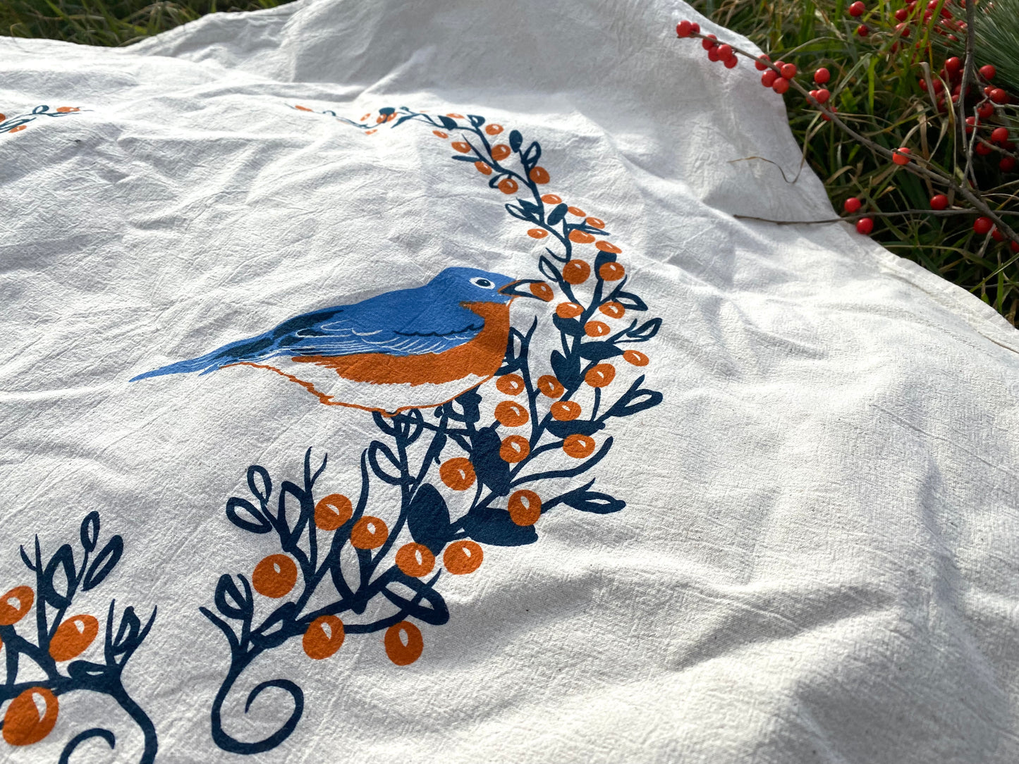 “Dismantling Perfection” (Bluebird on Wreath of Berries) Flour Sack Towel— from the 'Fly Free' Collection