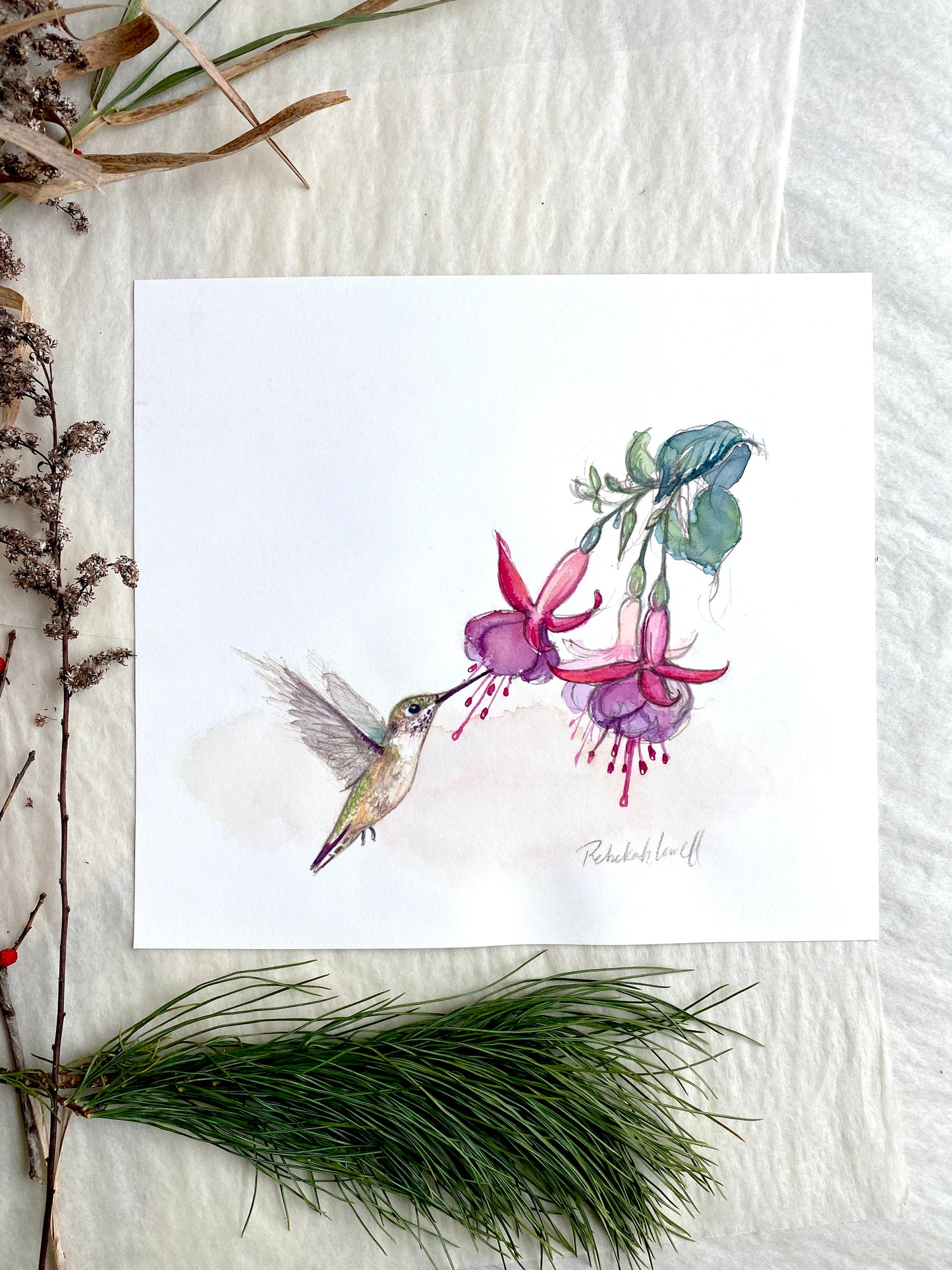 Ruby-throated Hummingbird Watercolor Painting