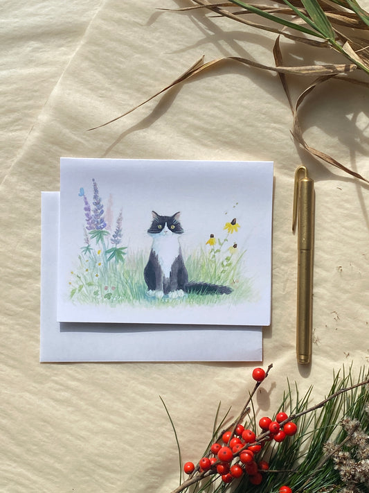 Tuxedo Cat in Garden Blank Notecard